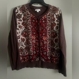 New York & Company Brown button up cardigan sweater with floral panels  sz L